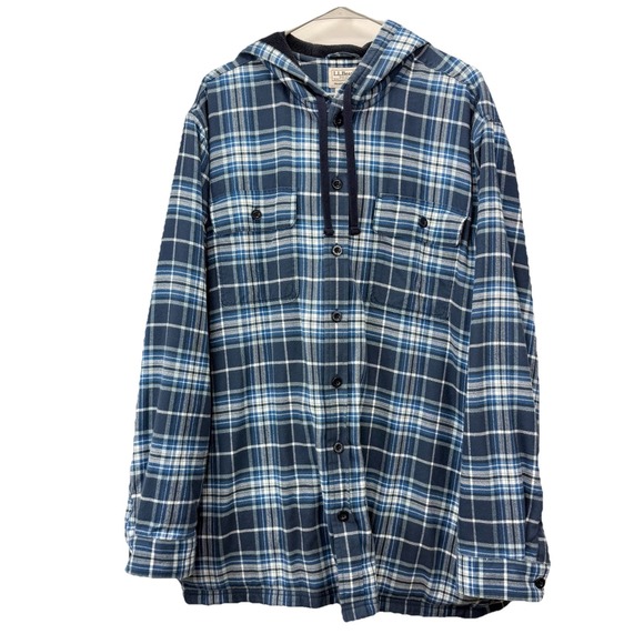 LL Bean Mens Blue Plaid Flannel Button‎ Up Hoodie Shirt Jacket Shacket Size XL - Picture 1 of 9